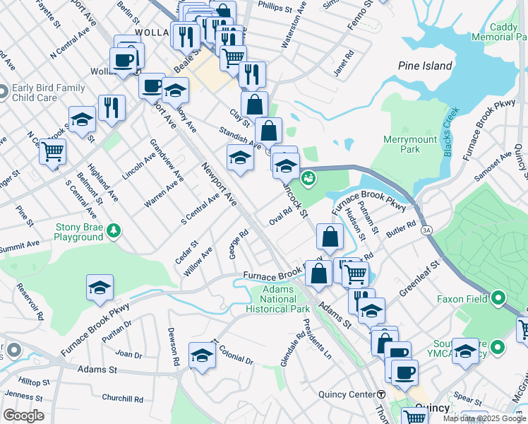 map of restaurants, bars, coffee shops, grocery stores, and more near 573 Newport Avenue in Quincy