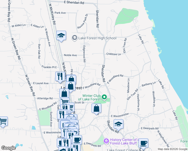 map of restaurants, bars, coffee shops, grocery stores, and more near 420 East Woodland Road in Lake Forest