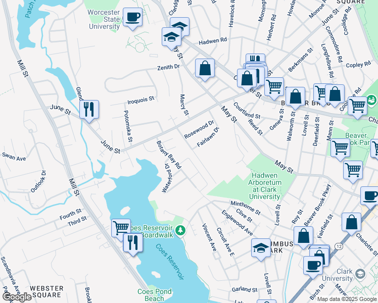 map of restaurants, bars, coffee shops, grocery stores, and more near 10 Rosslare Drive in Worcester
