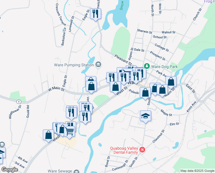map of restaurants, bars, coffee shops, grocery stores, and more near 62 West Main Street in Ware