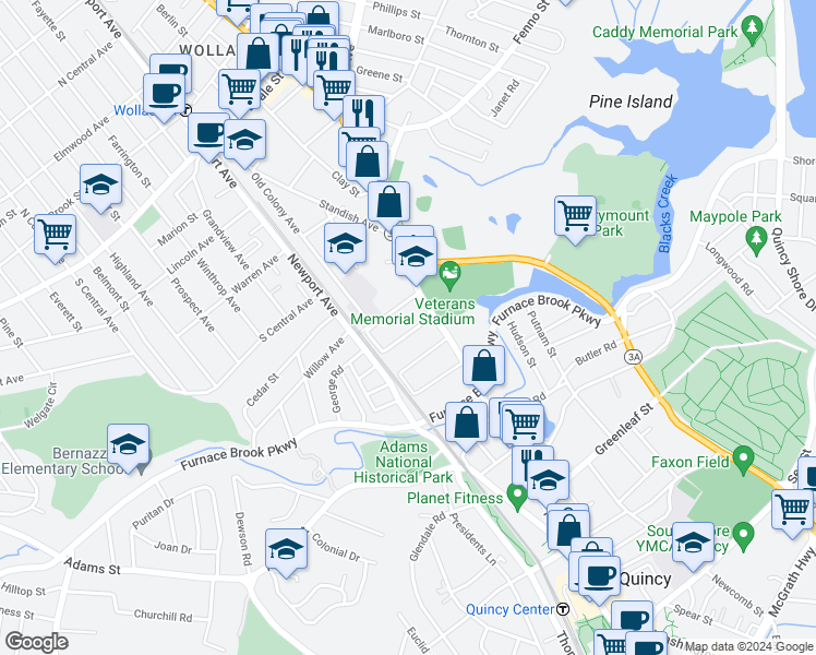 map of restaurants, bars, coffee shops, grocery stores, and more near 29 Gilmore Street in Quincy