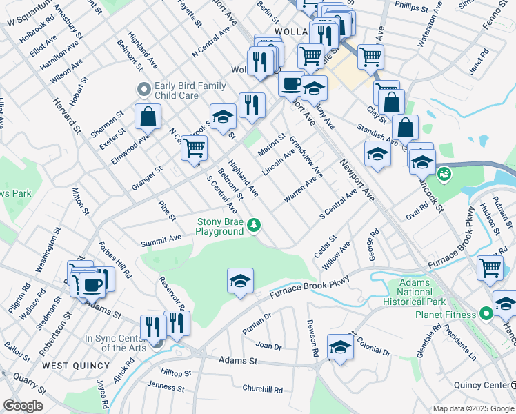 map of restaurants, bars, coffee shops, grocery stores, and more near 383 Belmont Street in Quincy