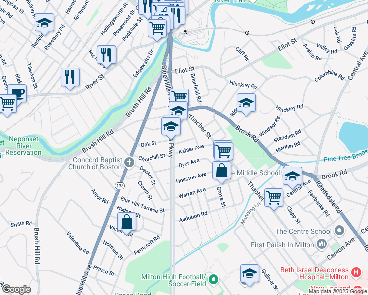 map of restaurants, bars, coffee shops, grocery stores, and more near 24 Dyer Avenue in Milton