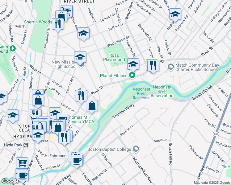 map of restaurants, bars, coffee shops, grocery stores, and more near 21 Riverside Square in Boston