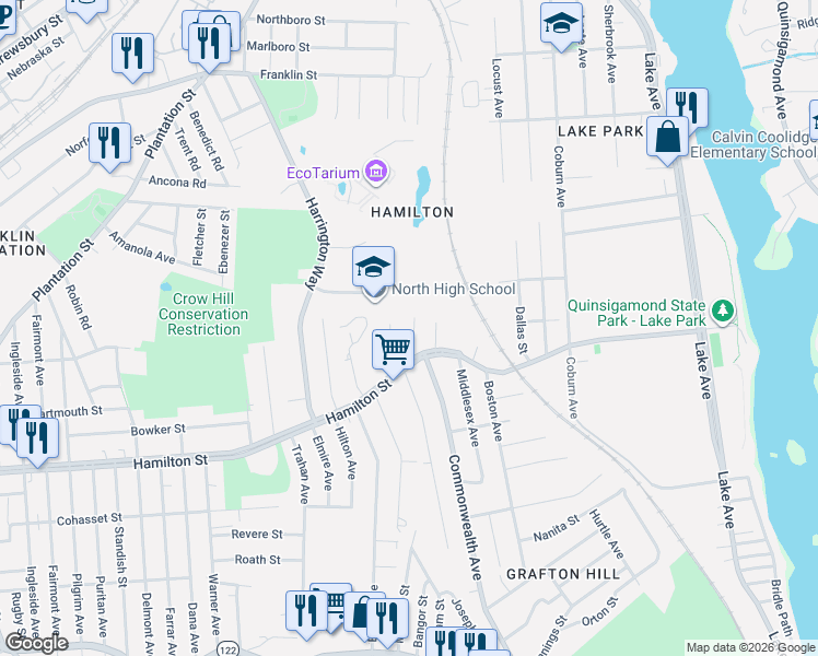 map of restaurants, bars, coffee shops, grocery stores, and more near 3 Jonathan Circle in Worcester
