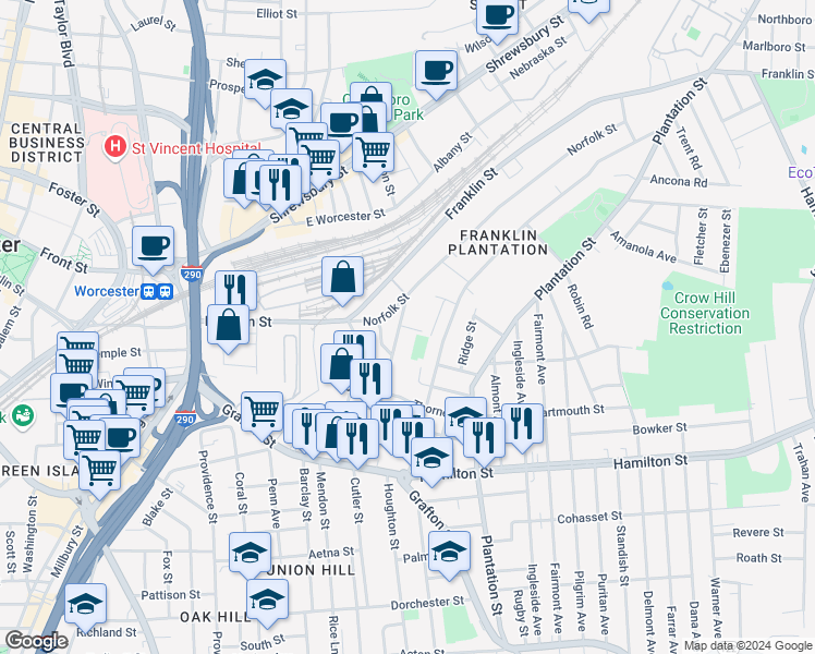map of restaurants, bars, coffee shops, grocery stores, and more near 60 Wall Street in Worcester
