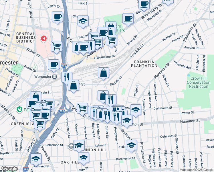 map of restaurants, bars, coffee shops, grocery stores, and more near 23 Suffolk Street in Worcester