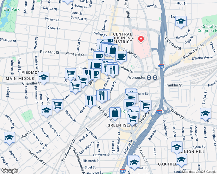 map of restaurants, bars, coffee shops, grocery stores, and more near 44 Portland Street in Worcester