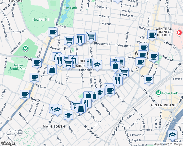 map of restaurants, bars, coffee shops, grocery stores, and more near 37 Jaques Avenue in Worcester