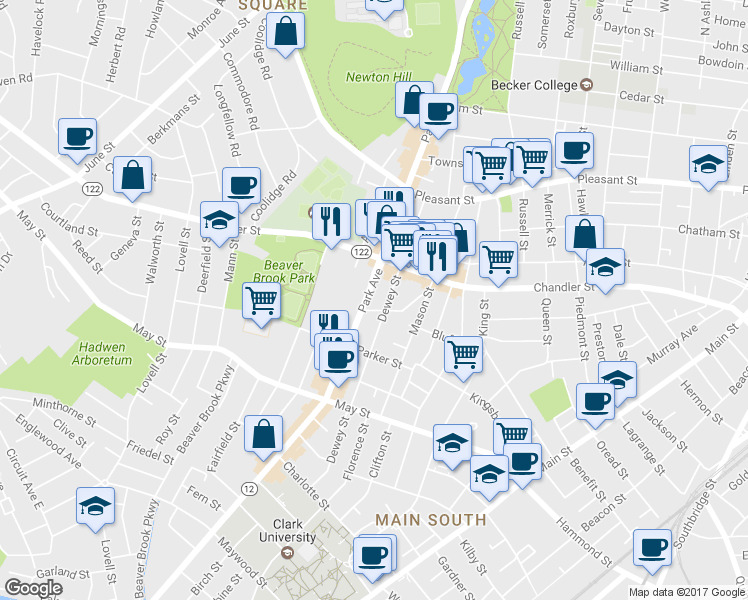 map of restaurants, bars, coffee shops, grocery stores, and more near 351 Park Avenue in Worcester