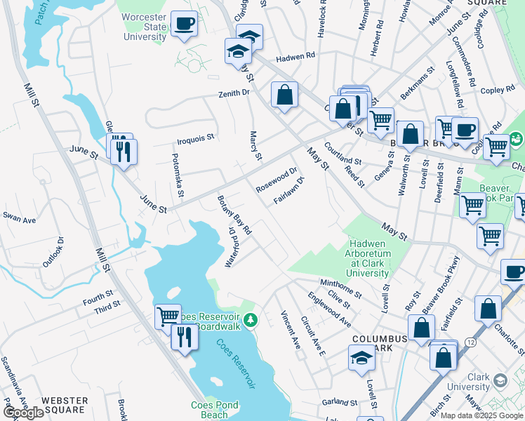 map of restaurants, bars, coffee shops, grocery stores, and more near 10 Rosslare Drive in Worcester