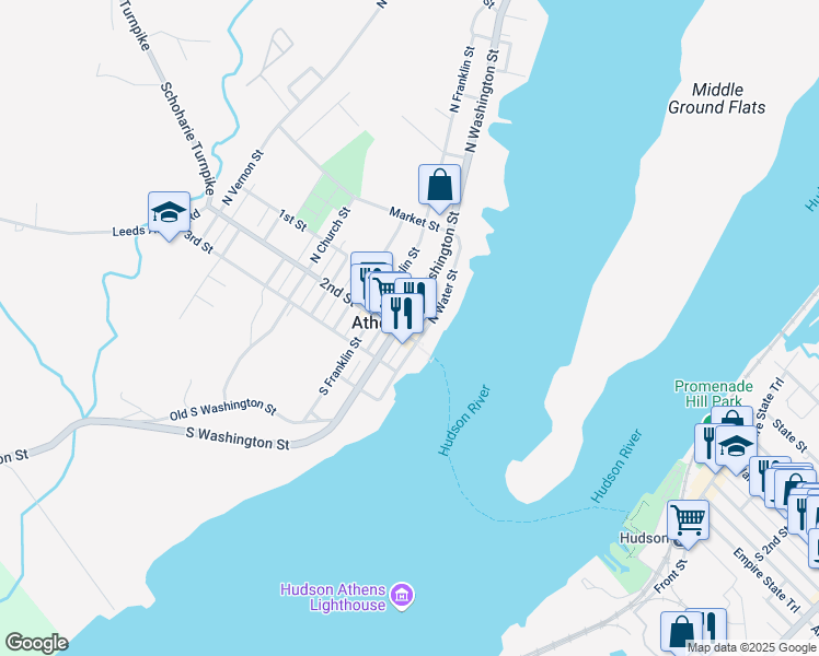 map of restaurants, bars, coffee shops, grocery stores, and more near 5 North Washington Street in Athens