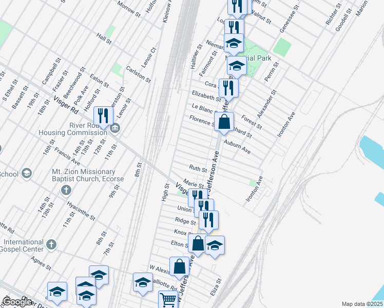 map of restaurants, bars, coffee shops, grocery stores, and more near 38 Ruth Street in Ecorse