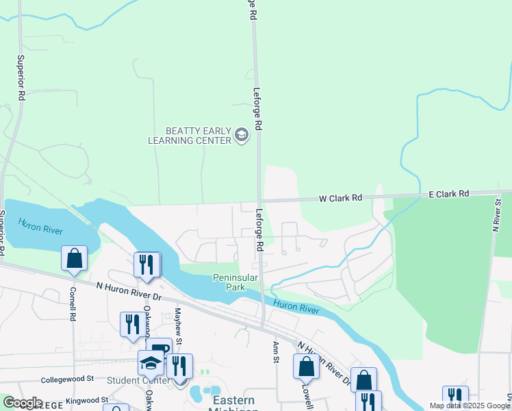 map of restaurants, bars, coffee shops, grocery stores, and more near 1398 Leforge Road in Ypsilanti