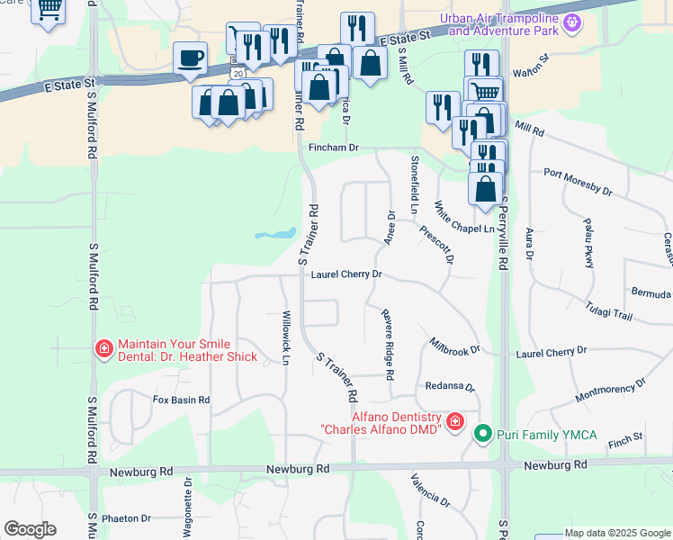 map of restaurants, bars, coffee shops, grocery stores, and more near 6567 Stonehill Way in Rockford