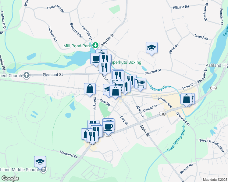 map of restaurants, bars, coffee shops, grocery stores, and more near 193 Main Street in Ashland