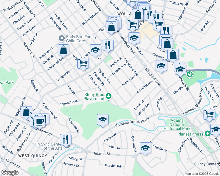 map of restaurants, bars, coffee shops, grocery stores, and more near 355 Highland Avenue in Quincy