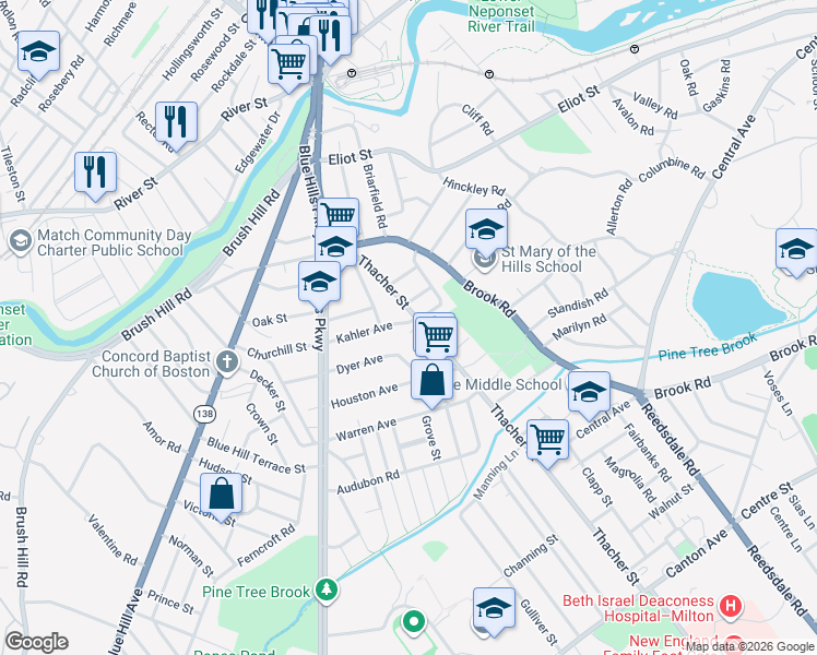 map of restaurants, bars, coffee shops, grocery stores, and more near 121 Thacher Street in Milton