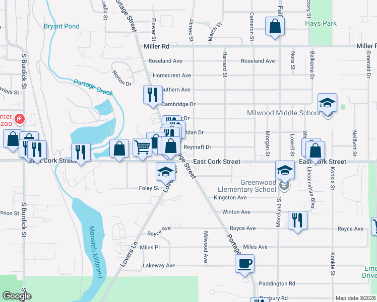 map of restaurants, bars, coffee shops, grocery stores, and more near in Kalamazoo