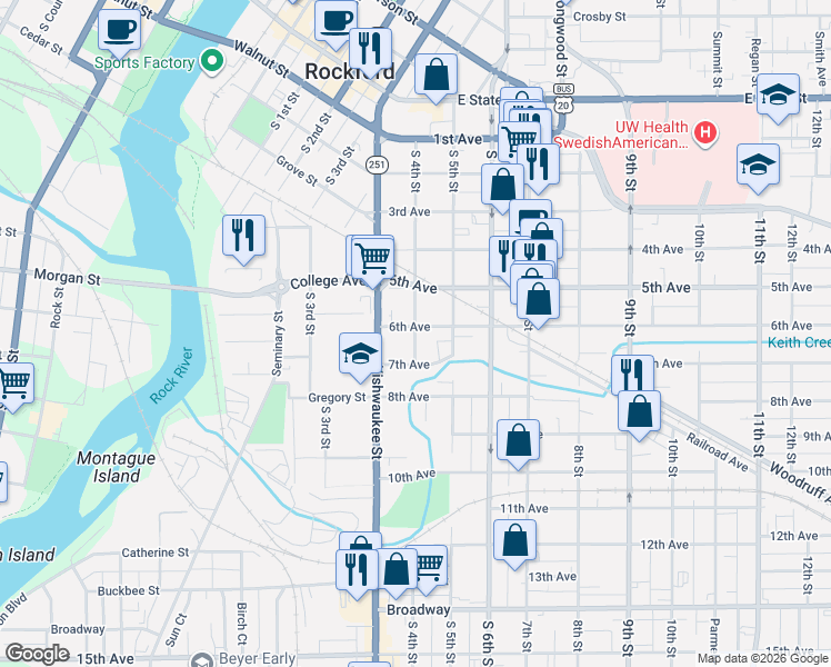 map of restaurants, bars, coffee shops, grocery stores, and more near 720 South 4th Street in Rockford