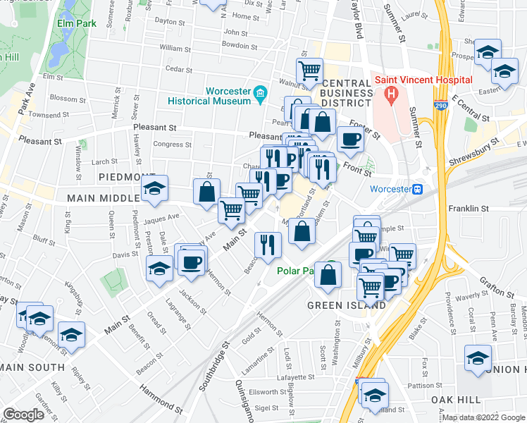 map of restaurants, bars, coffee shops, grocery stores, and more near 657 Main Street in Worcester