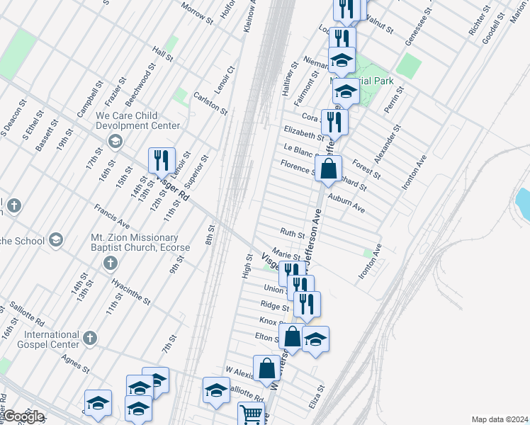map of restaurants, bars, coffee shops, grocery stores, and more near 55 West Glenwood Avenue in Ecorse