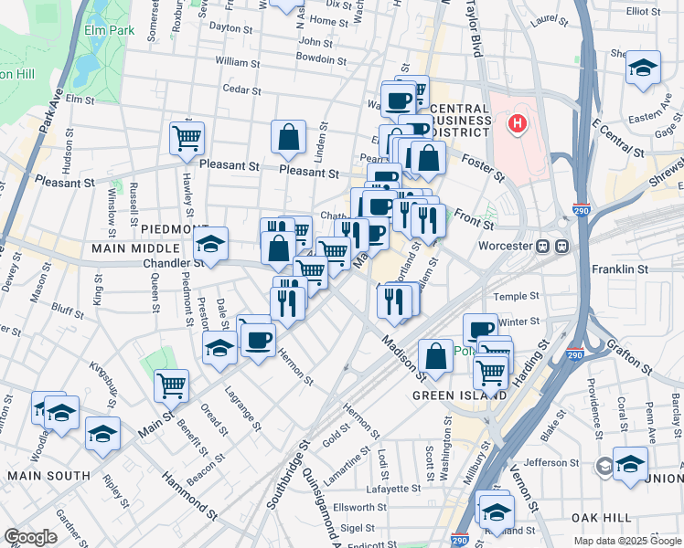 map of restaurants, bars, coffee shops, grocery stores, and more near 657 Main Street in Worcester