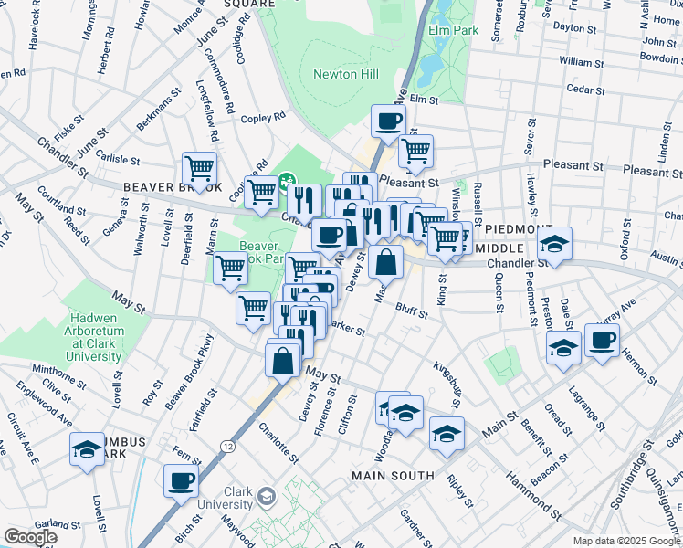 map of restaurants, bars, coffee shops, grocery stores, and more near 345 Park Avenue in Worcester