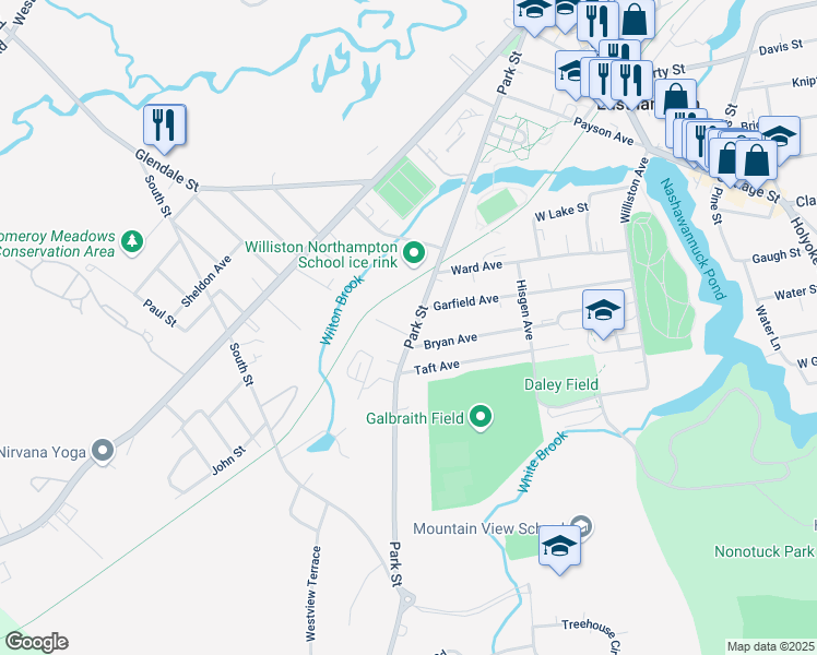 map of restaurants, bars, coffee shops, grocery stores, and more near 117 Park Street in Easthampton