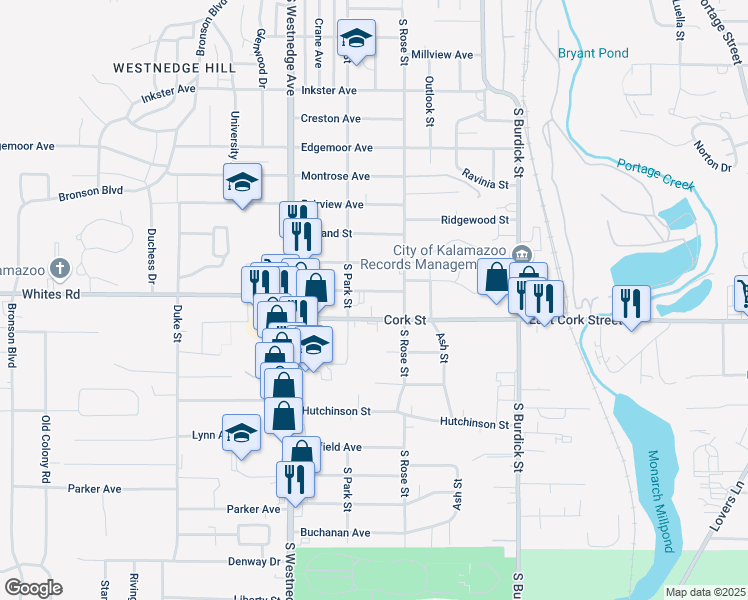 map of restaurants, bars, coffee shops, grocery stores, and more near 222 Fairfax Avenue in Kalamazoo