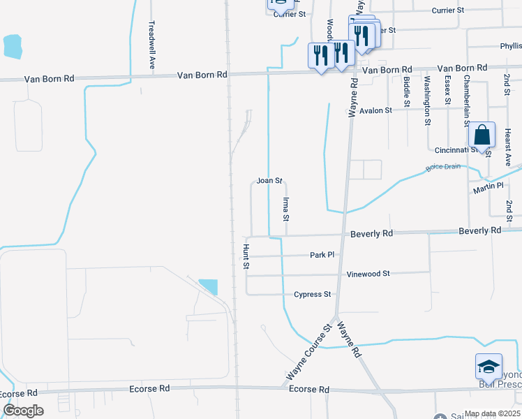 map of restaurants, bars, coffee shops, grocery stores, and more near 6270 Hunt Street in Romulus