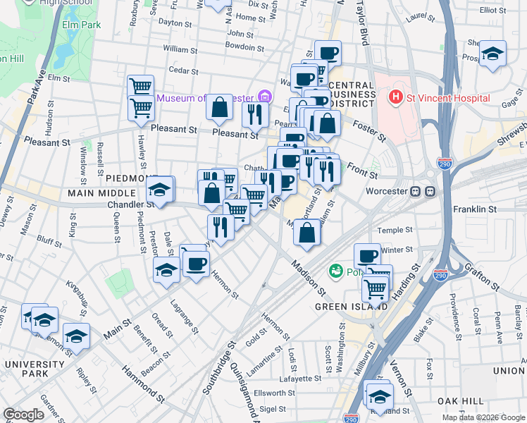 map of restaurants, bars, coffee shops, grocery stores, and more near 600 Main Street in Worcester
