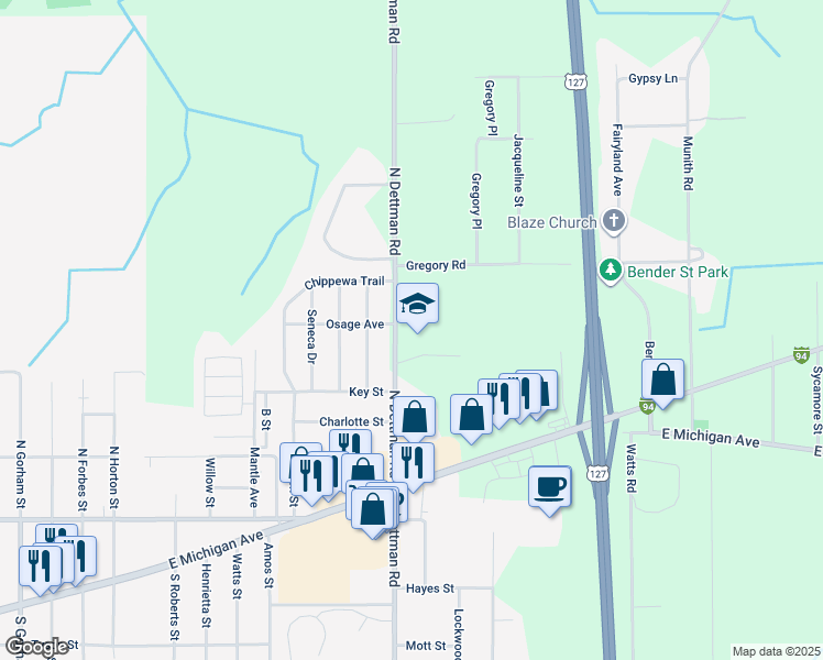 map of restaurants, bars, coffee shops, grocery stores, and more near 345 North Dettman Road in Jackson
