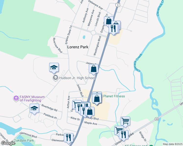 map of restaurants, bars, coffee shops, grocery stores, and more near 7 James St in Hudson