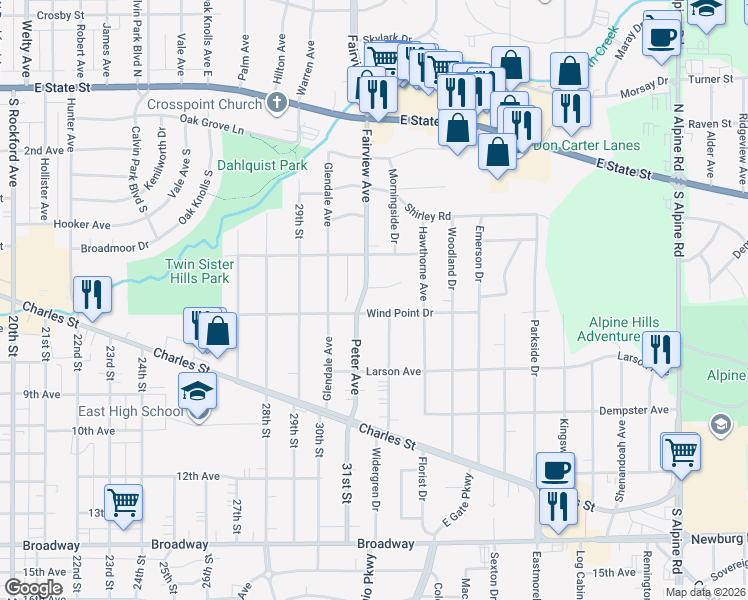 map of restaurants, bars, coffee shops, grocery stores, and more near 512 Fairview Avenue in Rockford