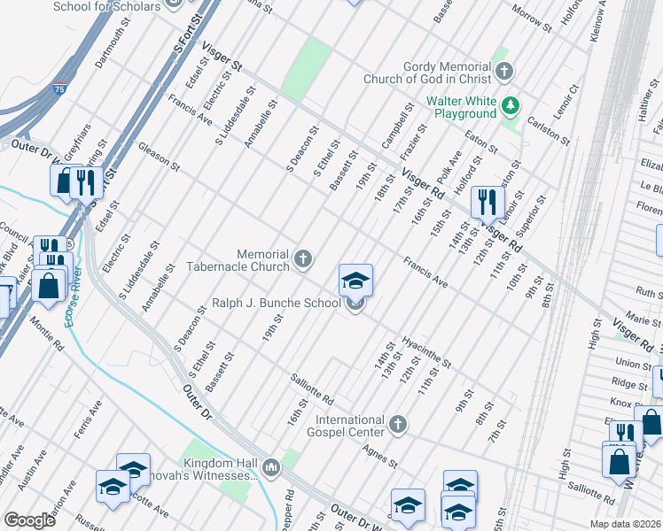 map of restaurants, bars, coffee shops, grocery stores, and more near 3892 19th Street in Ecorse