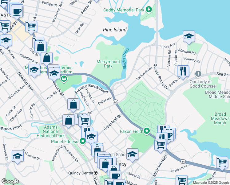 map of restaurants, bars, coffee shops, grocery stores, and more near 188 Furnace Brook Parkway in Quincy