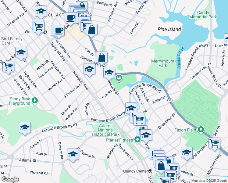 map of restaurants, bars, coffee shops, grocery stores, and more near 850 Hancock Street in Quincy