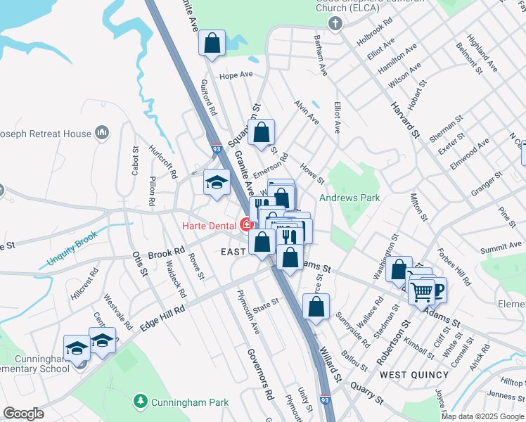map of restaurants, bars, coffee shops, grocery stores, and more near 21 Wood Street in Milton
