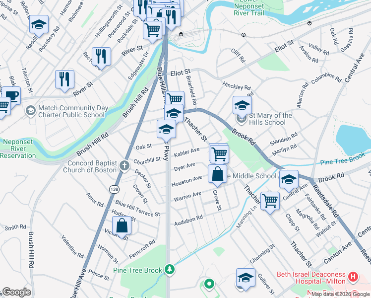map of restaurants, bars, coffee shops, grocery stores, and more near 7 West Street in Milton