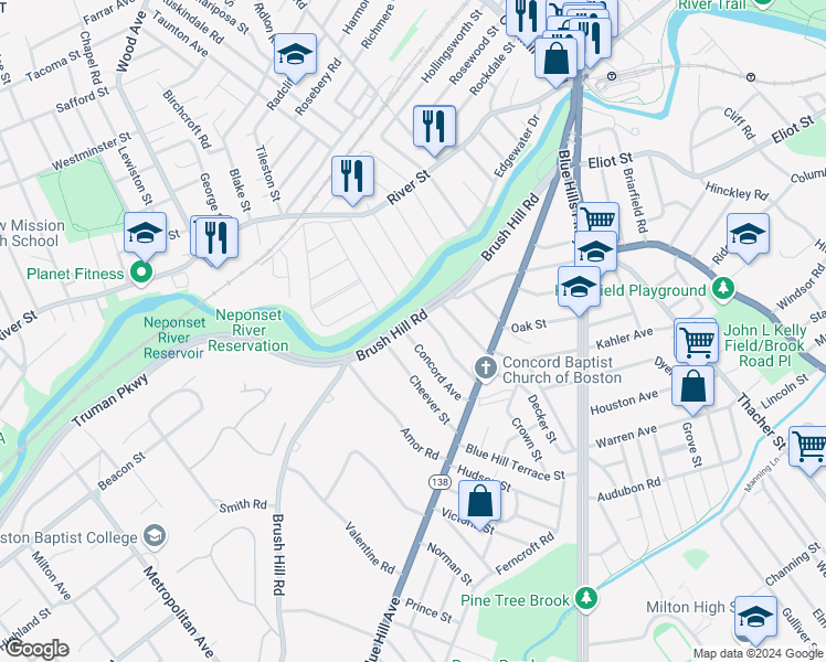 map of restaurants, bars, coffee shops, grocery stores, and more near 164 Brush Hill Road in Milton