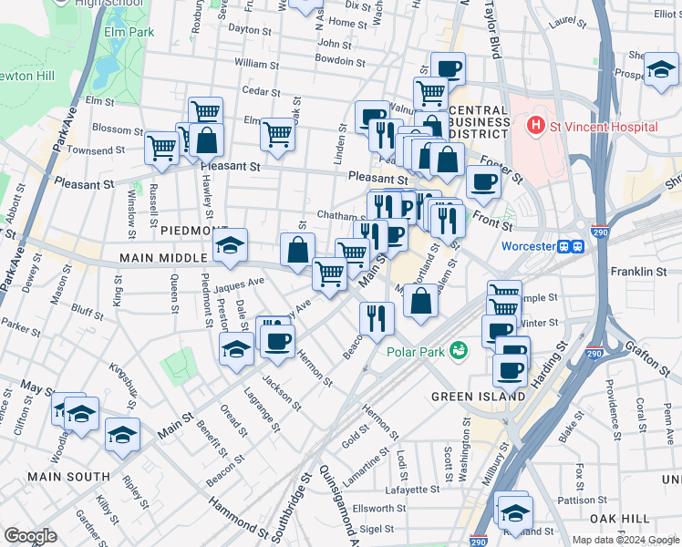 map of restaurants, bars, coffee shops, grocery stores, and more near in Worcester