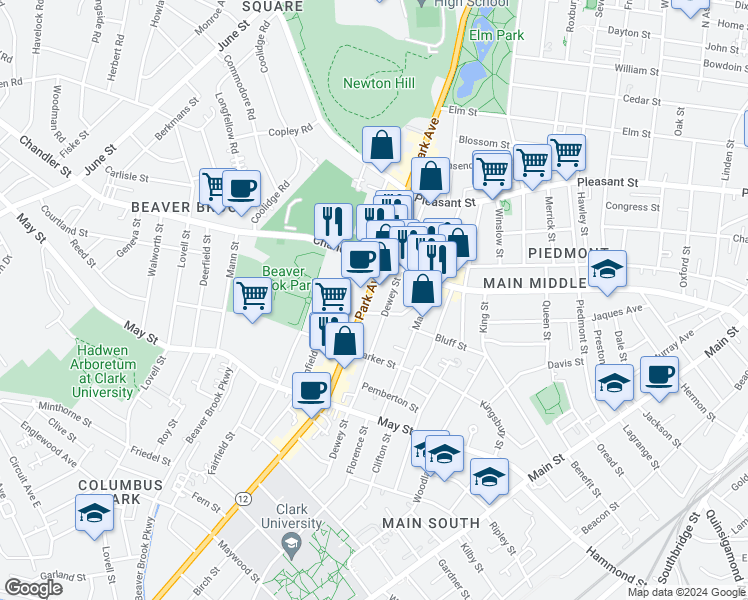 map of restaurants, bars, coffee shops, grocery stores, and more near 320 Park Street in Worcester