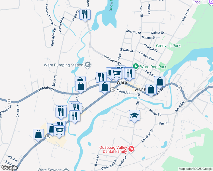 map of restaurants, bars, coffee shops, grocery stores, and more near 37 West Main Street in Ware