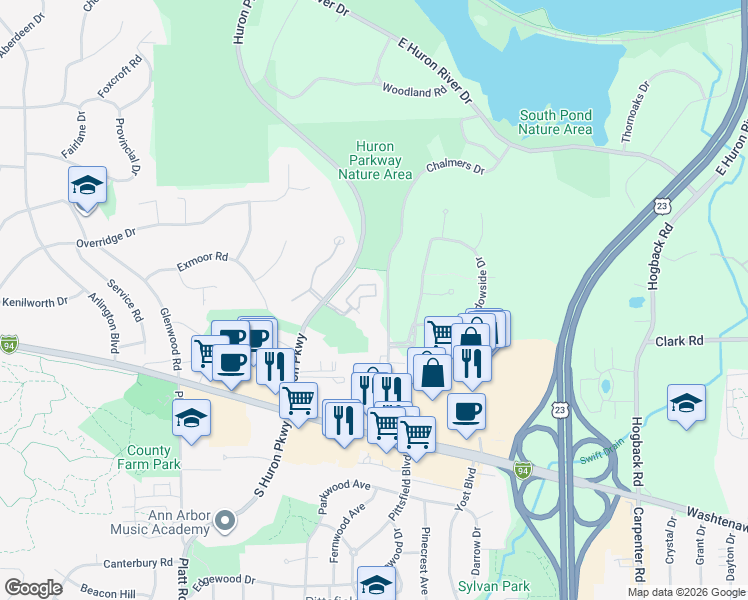 map of restaurants, bars, coffee shops, grocery stores, and more near 1874 Lindsay Lane in Ann Arbor