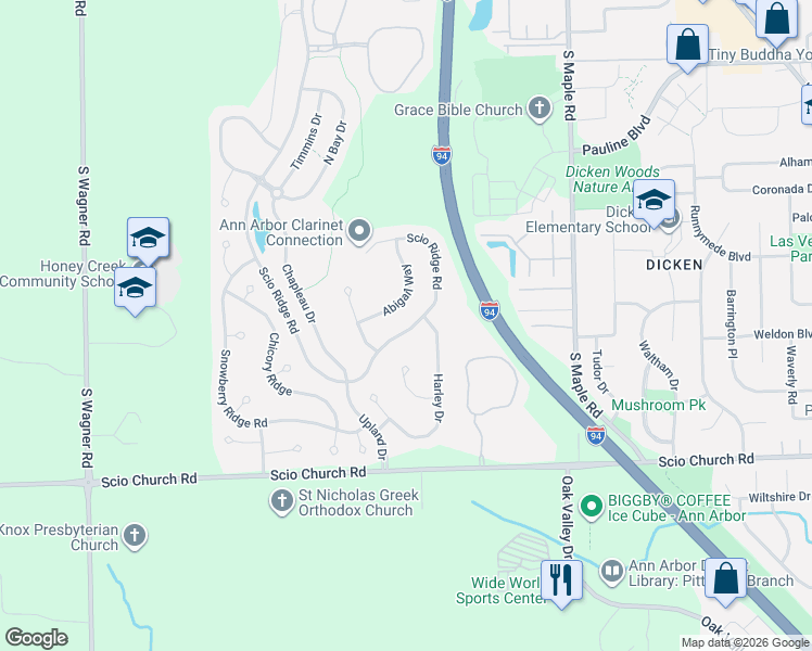 map of restaurants, bars, coffee shops, grocery stores, and more near 1666 Abigail Way in Ann Arbor