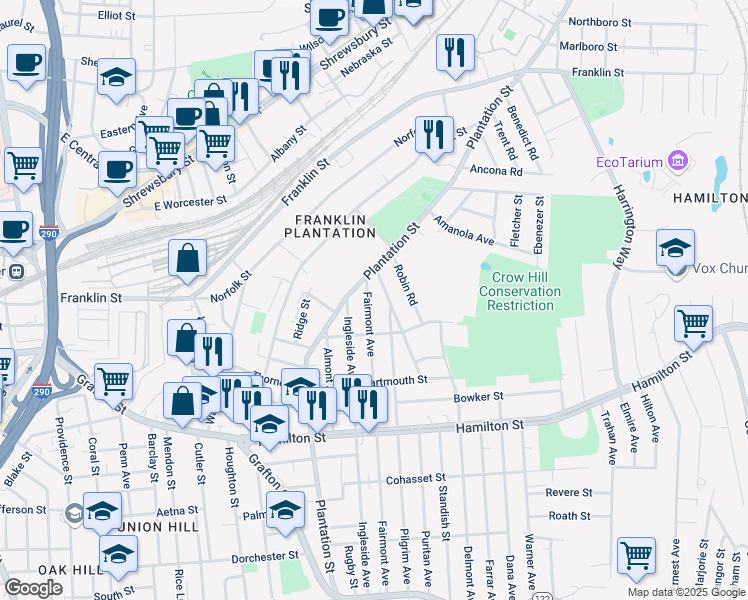 map of restaurants, bars, coffee shops, grocery stores, and more near 7 Dell Avenue in Worcester
