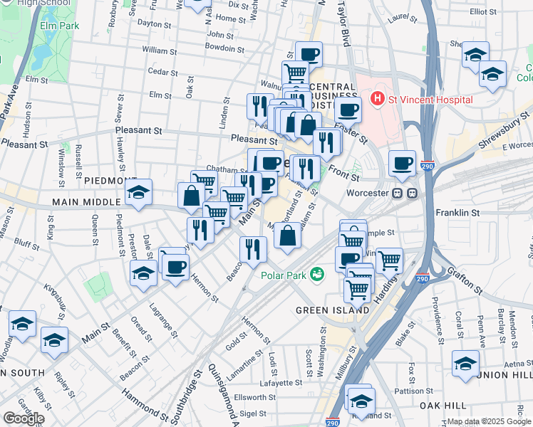 map of restaurants, bars, coffee shops, grocery stores, and more near 24 Southbridge Street in Worcester