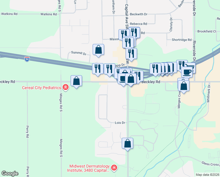 map of restaurants, bars, coffee shops, grocery stores, and more near 4774 Beckley Road in Battle Creek