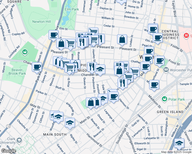 map of restaurants, bars, coffee shops, grocery stores, and more near 126 Chandler Street in Worcester
